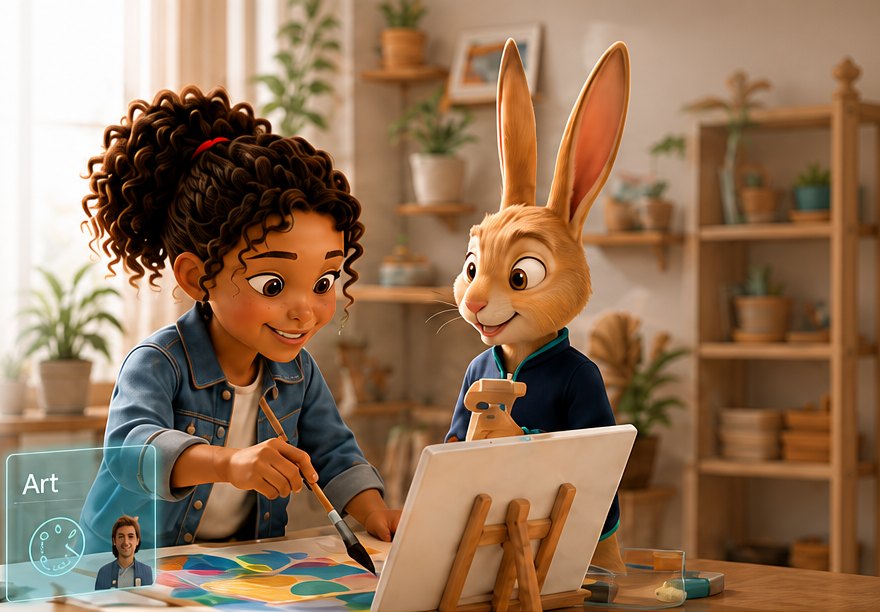 A girl paints at an easel while Jero, a long-eared jerboa, watches and smiles