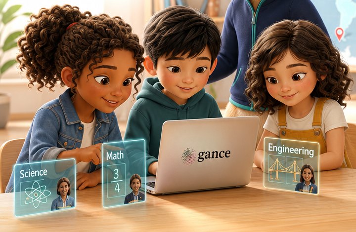 Three children work together at a laptop with Jero beside them