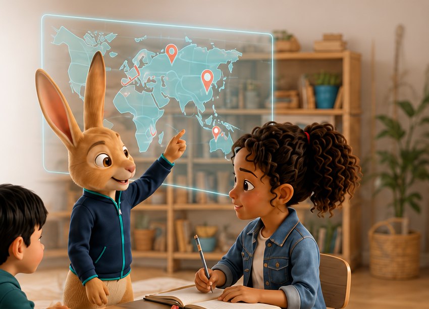 Jero, a long-eared jerboa in a navy jacket, points at a glowing world map while two children watch