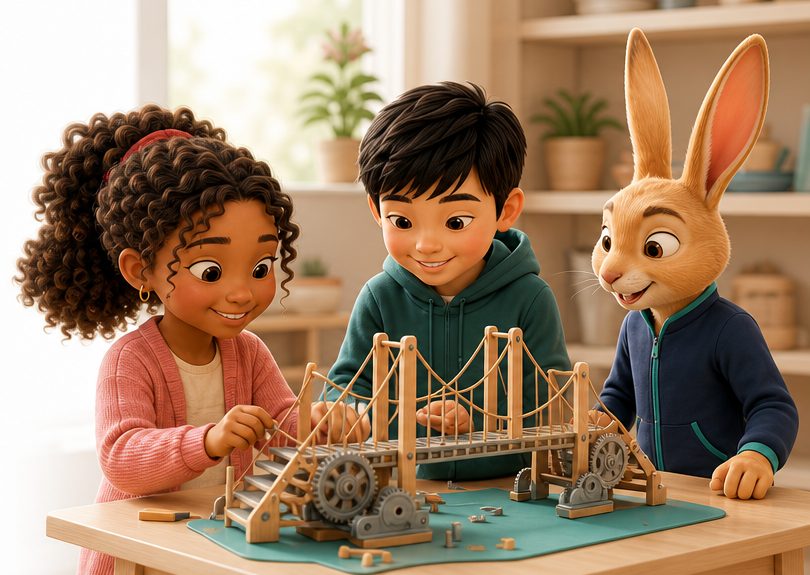 Two children building a model bridge with Jero