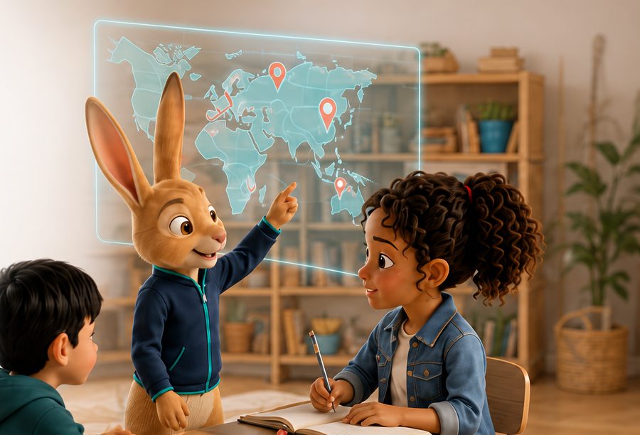 Jero pointing at a glowing world map for two children