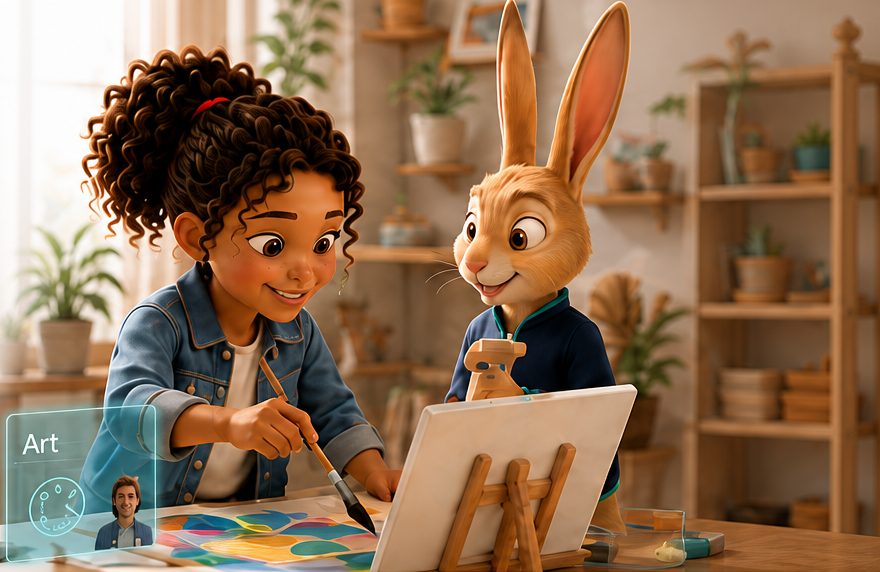A girl painting at an easel while Jero watches