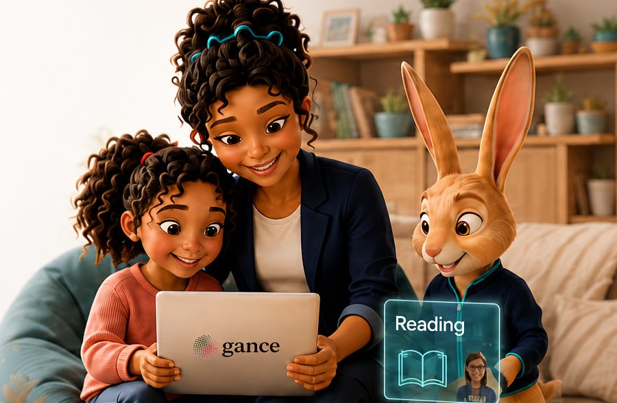 A mother and daughter reading together with Jero beside them