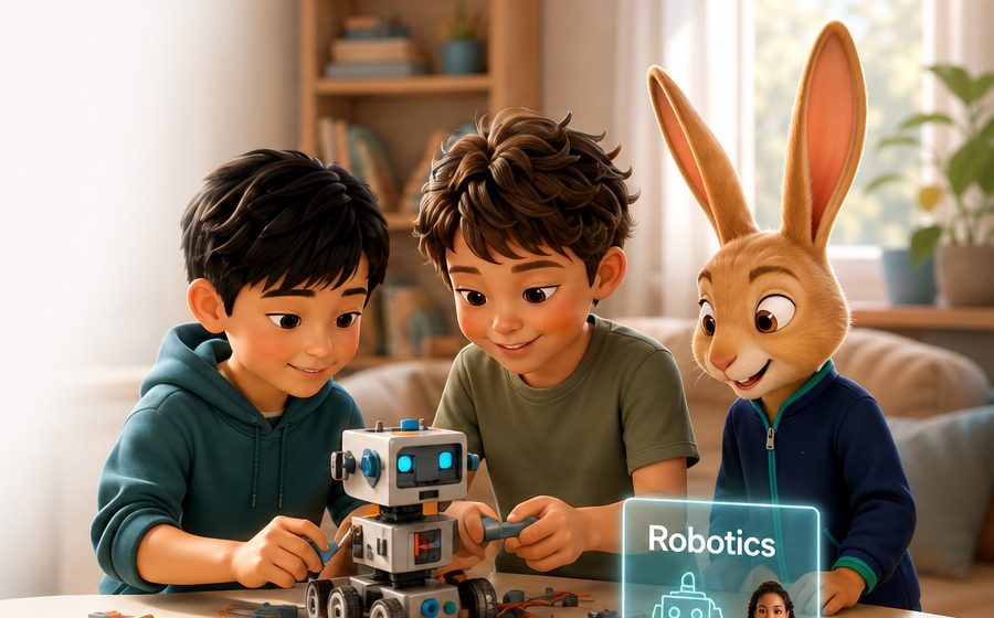 Two boys building a small robot, with Jero the jerboa beside them