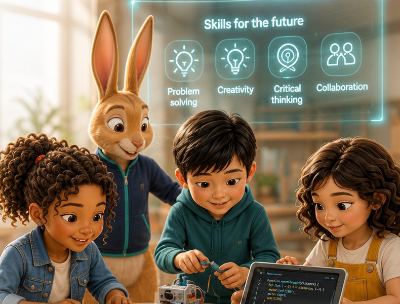 Jero, a long-eared jerboa, beside three children building a small robot car