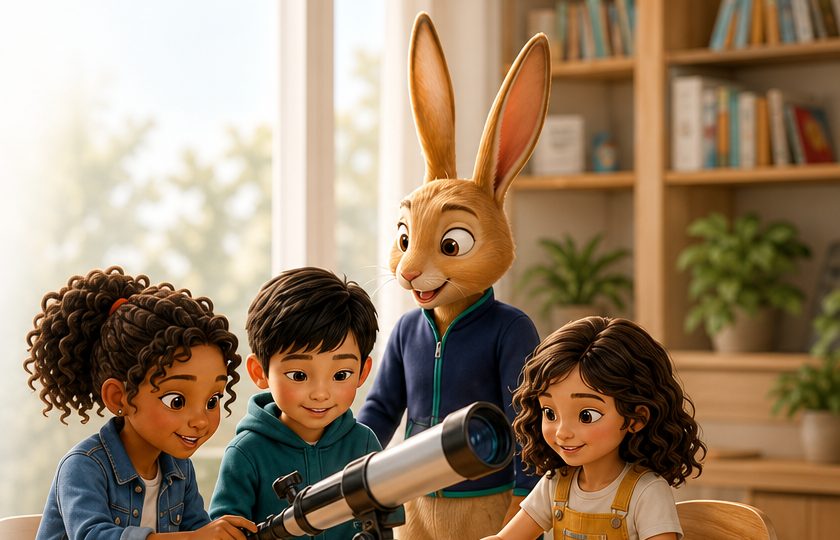 Three children with a telescope and Jero